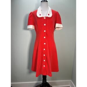 Vintage Shirt Dress Size 10 Red White Polka Dot Jacquard Knit Rockabilly
